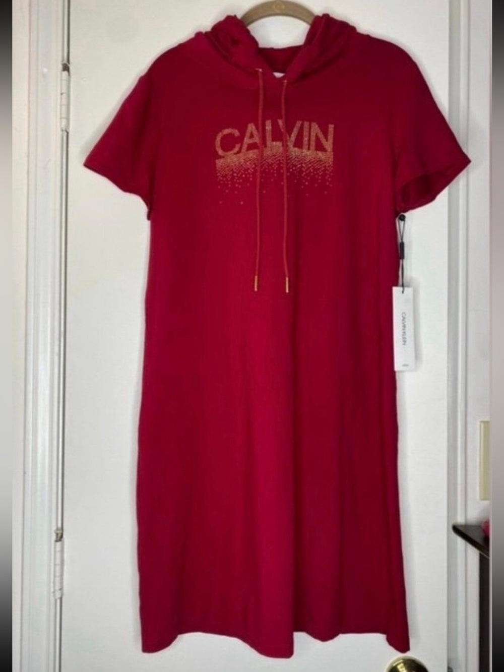 BNWT Calvin Klein Red Hoodie Dress with Rhinestone Logo Womens Large